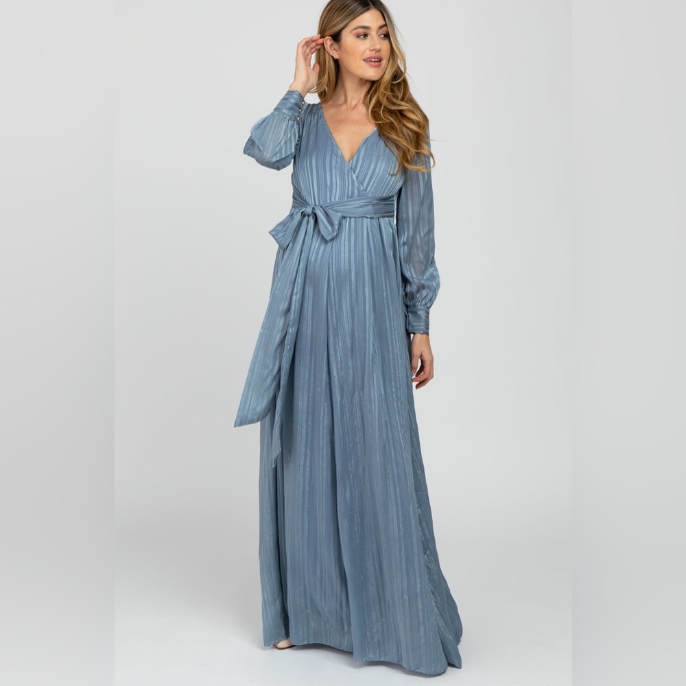 PINKBLUSH Maternity Chiffon Shimmer Maxi Dress in Blue
